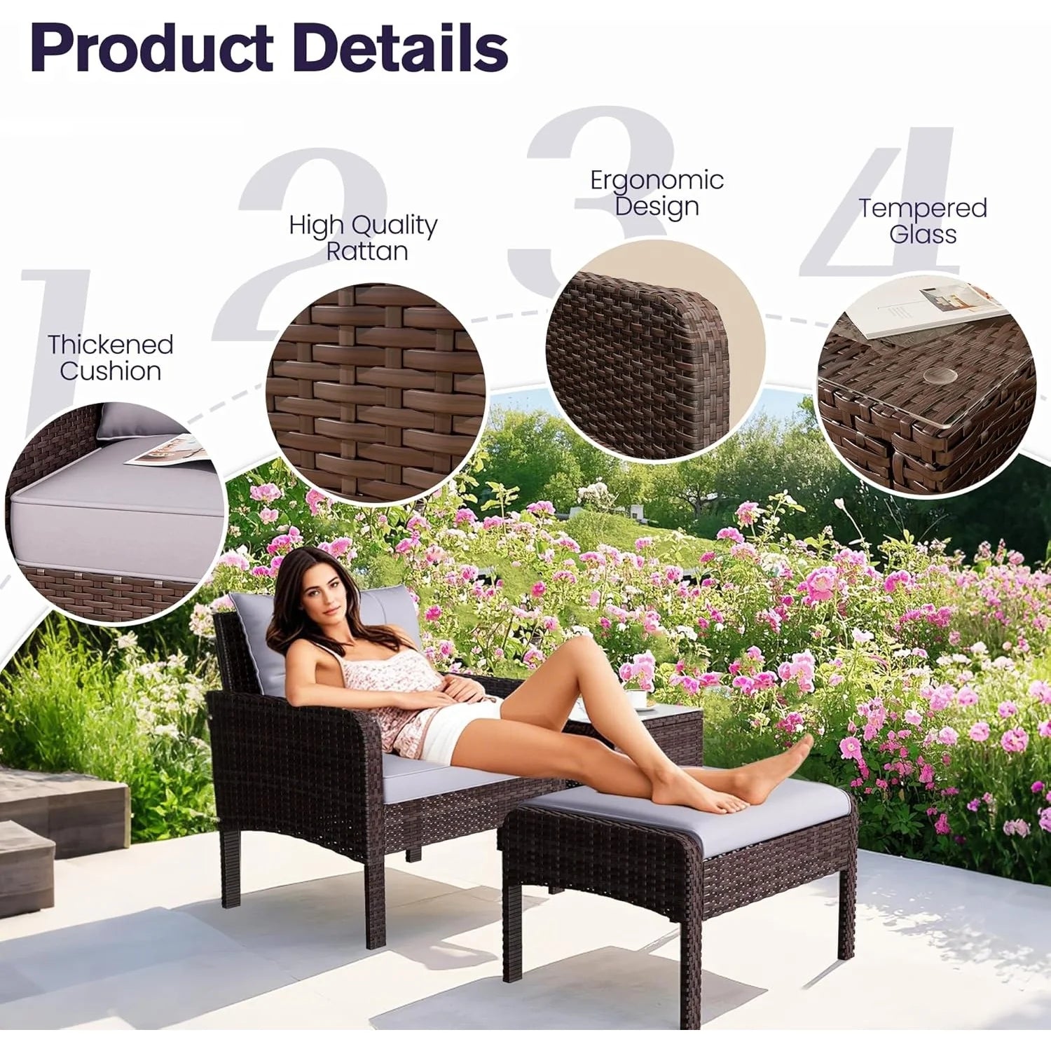 AECOJOY Outdoor 5 Pieces Patio Furniture Set, PE Rattan Wicker Chairs with Ottoman and Table, Brown/Grey
