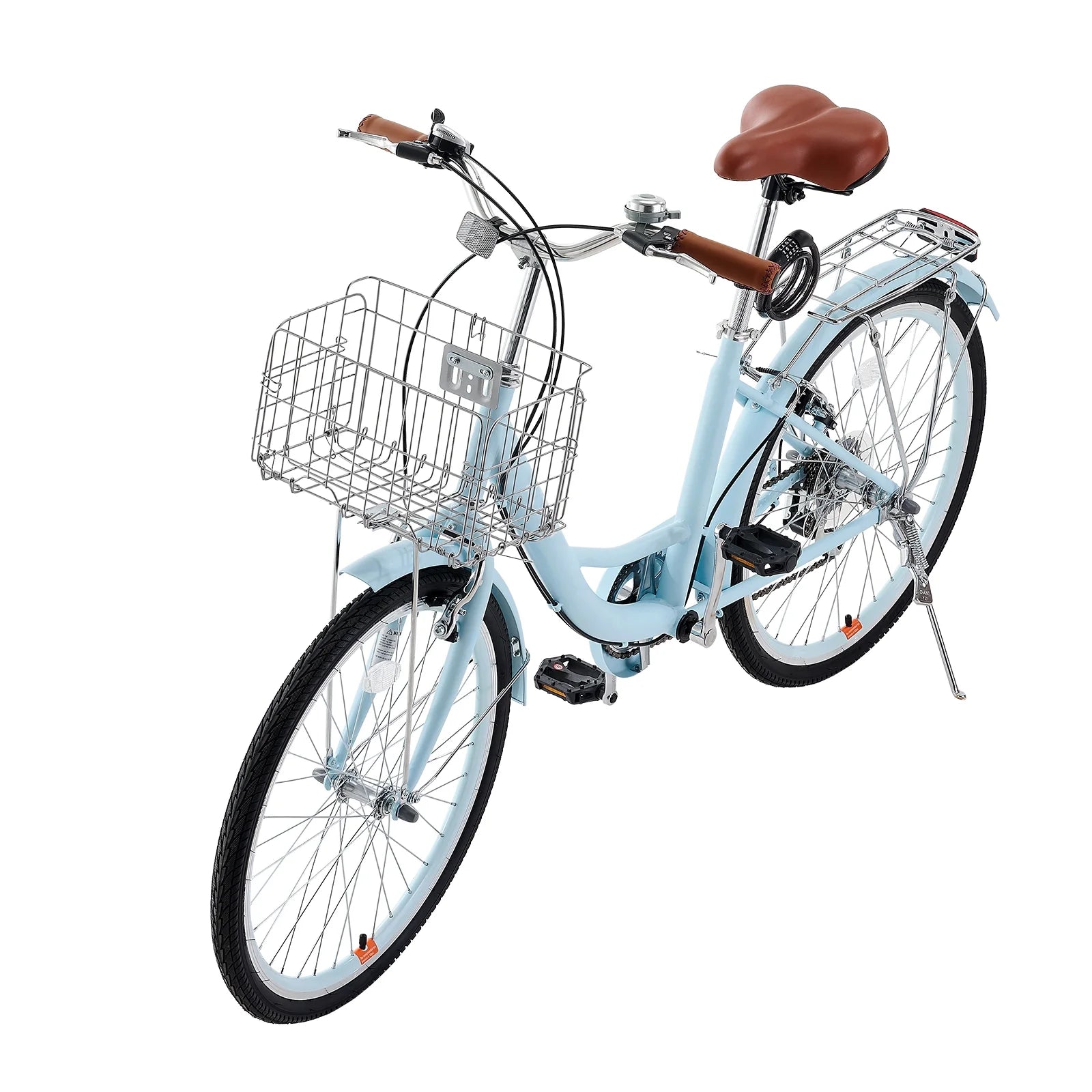 KFFKFF 26" Cruiser Bike, 7 - Speed, Pale Blue Coastal Riding Bike with Spacious Basket and Back Stand, Safe & Robust Bicycle with Modifiable Saddle