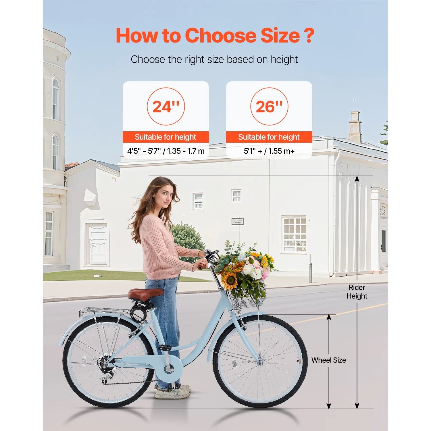 KFFKFF 26" Cruiser Bike, 7 - Speed, Pale Blue Coastal Riding Bike with Spacious Basket and Back Stand, Safe & Robust Bicycle with Modifiable Saddle